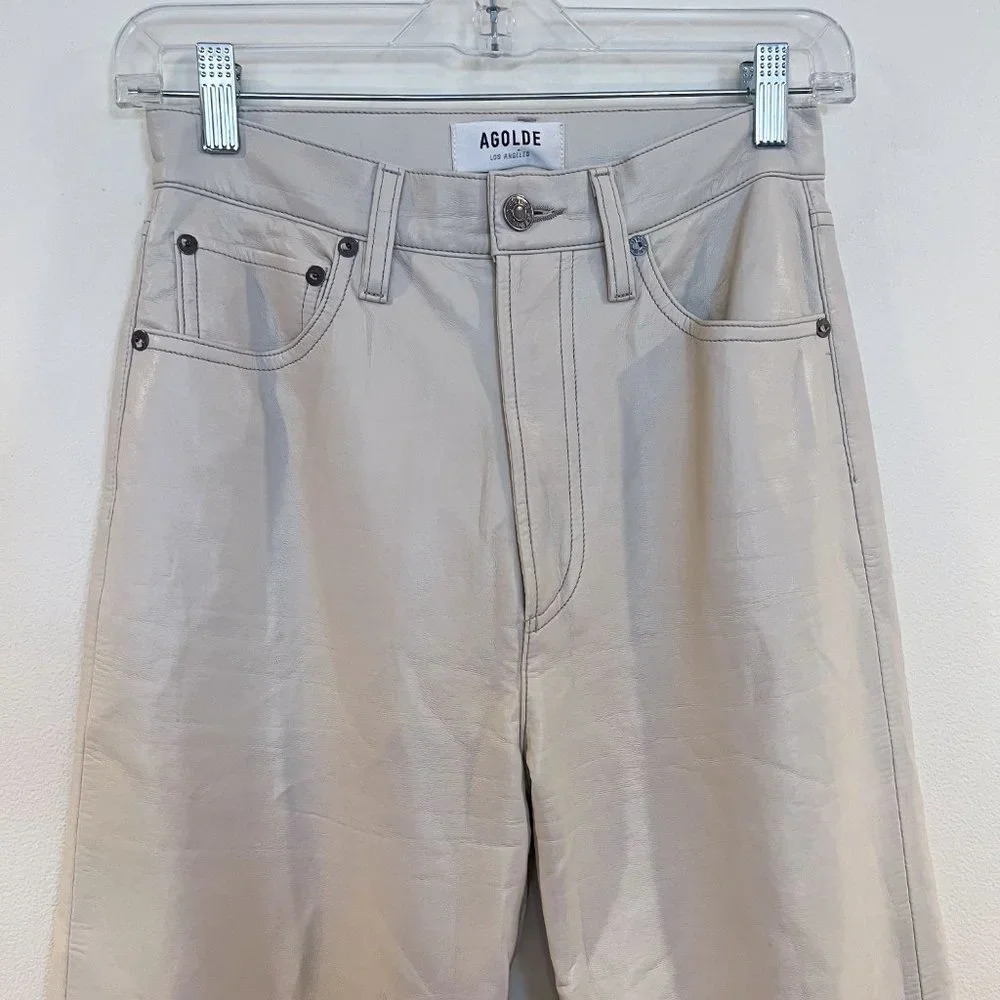 Agolde 90s Pinch Waist Cream Recycled Leather High Waist Straight Leg Pants 24 - Picture 3 of 13